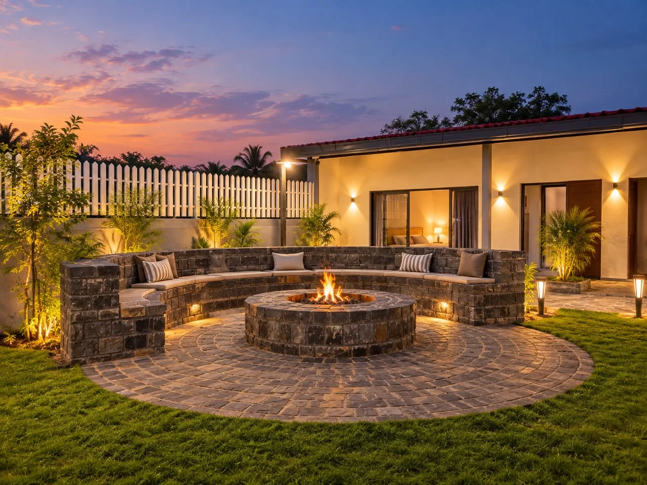 Circular stone fire-pit lounge at twilight