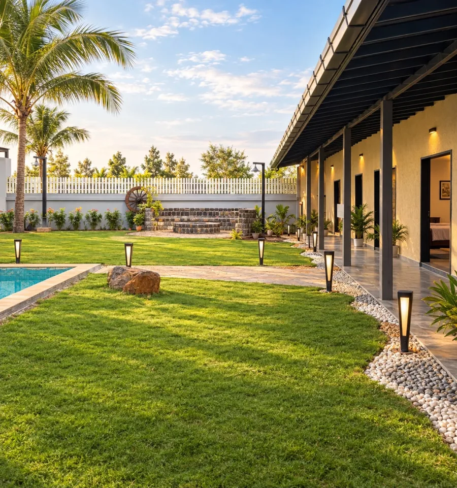 Veranda and lawn in morning light