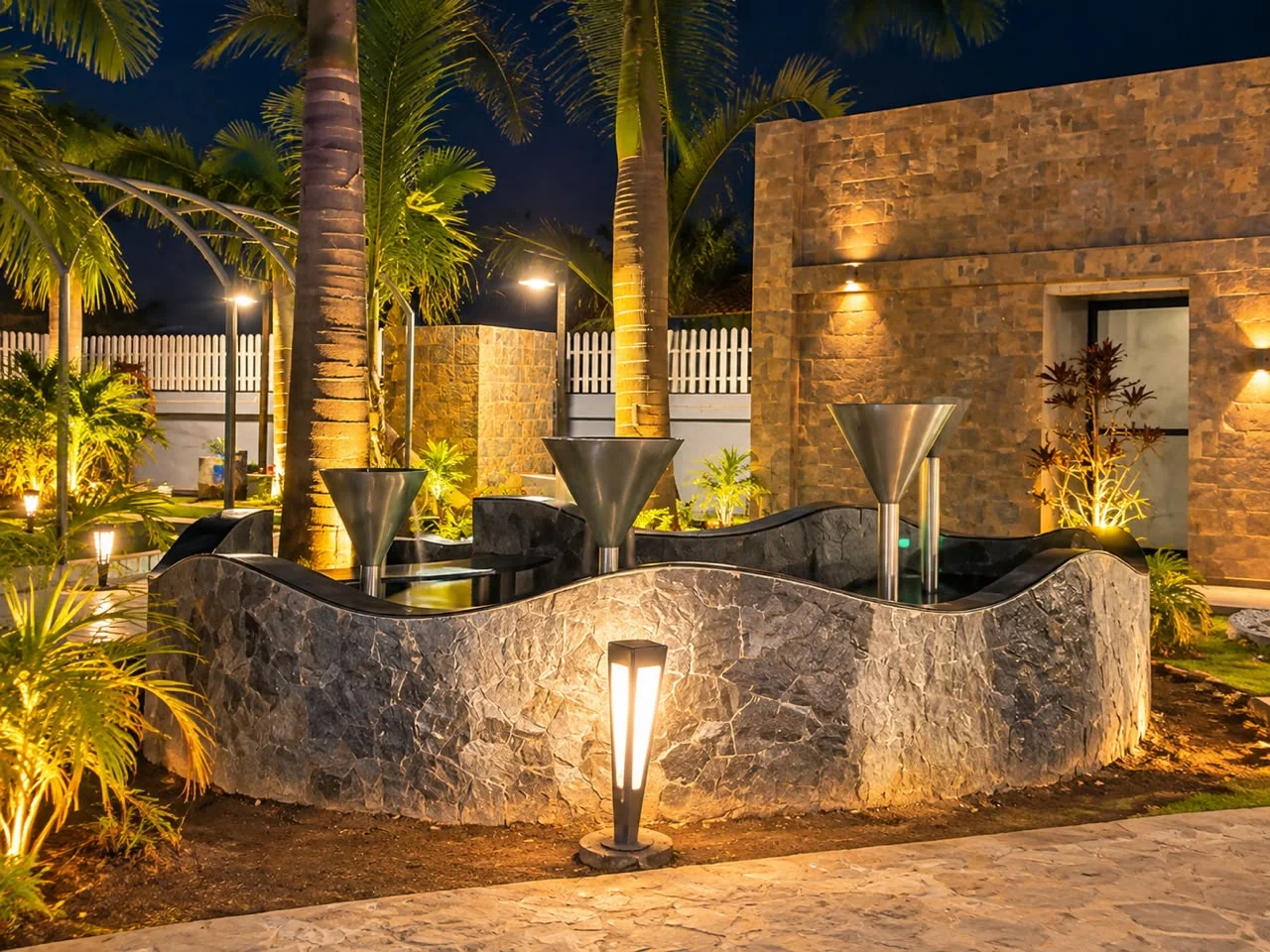 Undulating stone wall with brushed-steel cone fountains at night